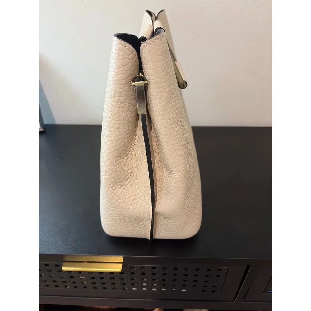 Isadora Italian Cream Pebbled Leather Handbag Metal Top Handle Tote Bag